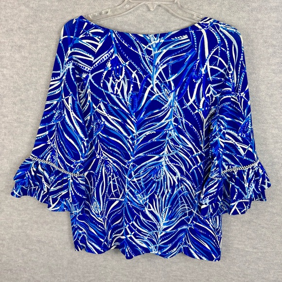 Lilly Pulitzer M Laddie Top Twilight Blue Ruffle Bell Sleeves Stretchy Boat Neck - Picture 8 of 14